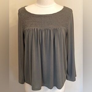 Lucky Brand Olive Green Smocked Pleated Babydoll Long Sleeve Casual Top Size M